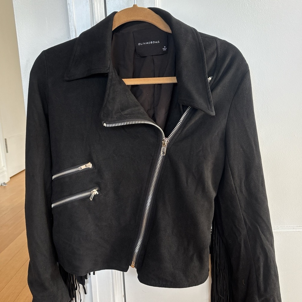 Olive & Oak Black Leather Jacket with Fringe